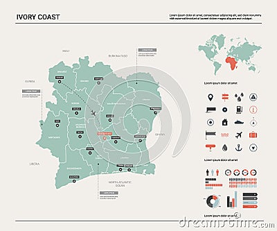 Vector map of Ivory Coast. High detailed country map with division, cities and capital Yamoussoukro. Political map, world map, Vector Illustration