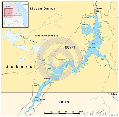Vector map of Lake Nasser reservoir Egypt Sudan Vector Illustration
