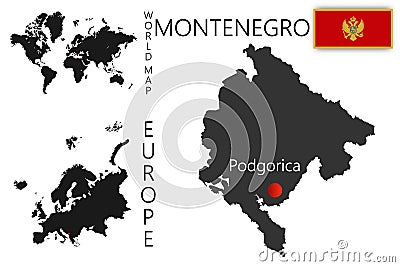 Vector map of Montenegro with flag. The location of the country on the map of the world and Europe. A silhouette with Vector Illustration