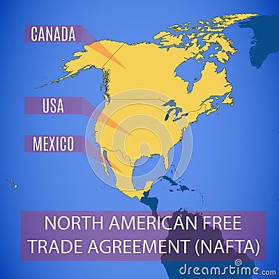 Vector map of the North American Free Trade Agreement NAFTA. Vector Illustration