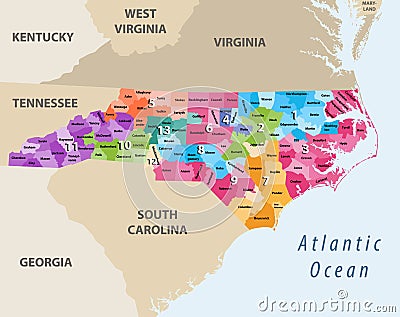 Vector map of North Carolina`s congressional districts with nearest states Vector Illustration