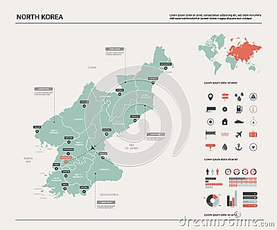 Vector map of North Korea. High detailed country map with division, cities and capital Pyongyang. Political map, world map, Vector Illustration