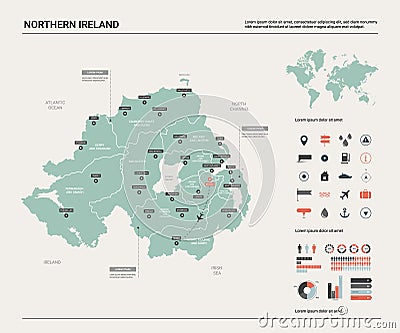 Vector map of Northern Ireland. High detailed country map with division, cities and capital Belfast. Political map, world map, Vector Illustration