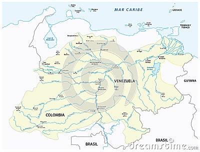Vector map of the Orinoco River drainage basin Vector Illustration