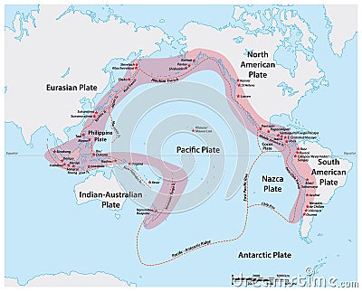 Vector map of the Pacific Ring of Fire with the main volcanoes Vector Illustration