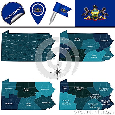 Map of Pennsylvania with Regions Vector Illustration
