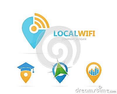 Vector of map pointer and wifi logo combination. GPS locator and signal symbol or icon. Unique pin and radio, internet Vector Illustration