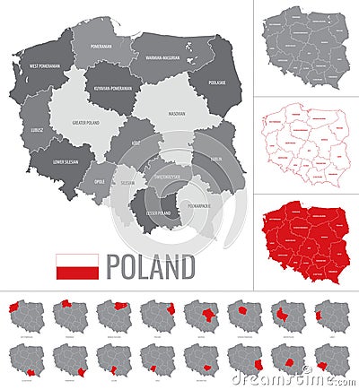 Vector map of Poland regions with flag on white background Vector Illustration