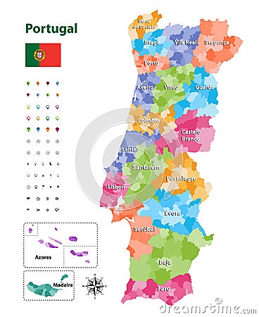 Vector map of Portugal districts and autonomous regions, subdivided into municipalities. Each region have own color palette. Flag Vector Illustration