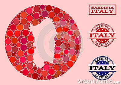 Stencil Round Map of Sardinia Region Mosaic and Grunge Seal Stock Photo