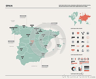 Vector map of Spain. High detailed country map with division, cities and capital Madrid. Political map, world map, infographic Vector Illustration