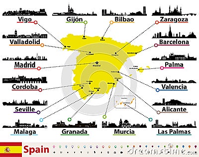 Vector map of Spain with largest cities skylines silhouettes Vector Illustration