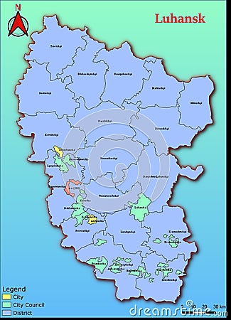 Vector map of the Ukraine administrative divisions of Luhansk Region with City, City Council, District, Raion Stock Photo