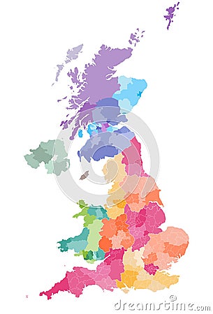 Vector map of United Kingdom administrative divisions colored by countries and regions. Districts and counties map of England, Wal Vector Illustration