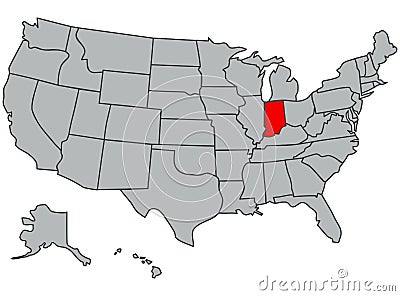 Vector map of the United States of America. State Indiana illustration in gray color. Highlighted in red territory of the US. Cartoon Illustration