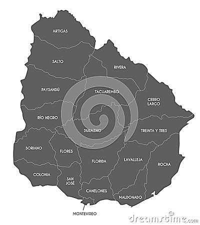 Vector map of Uruguay with departments and administrative divisions. Vector Illustration