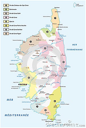 Vector map of the wine growing regions on the French Mediterranean island of Corsica Vector Illustration