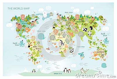 Print.Vector map of the world with cartoon animals for kids. Europe, Asia, South America, North America, Australia and Africa. Stock Photo