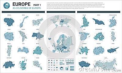 Vector maps set. High detailed 45 maps of European countries with administrative division and cities. Political map, map of Vector Illustration