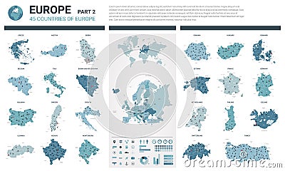 Vector maps set. High detailed 45 maps of European countries with administrative division and cities. Political map, map of Vector Illustration