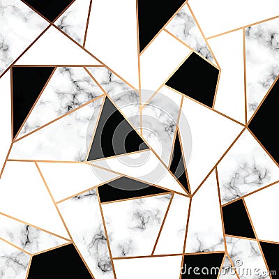 Vector marble texture design with golden geometric lines, black and white marbling surface, modern luxurious background Vector Illustration