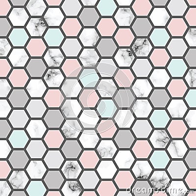 Vector marble texture design with honeycomb pattern, black and white marbling surface, modern luxurious background Vector Illustration