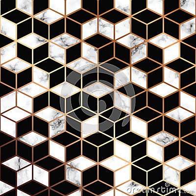 Vector marble texture, seamless pattern design with golden geometric lines and cubes, black and white marbling surface Vector Illustration