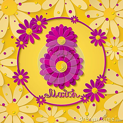 Vector 8 march international womens day yellow greeting card with pink flowers Vector Illustration