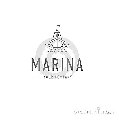 Vector marina, steering wheel logo template, abstract business icon. Ship and waves. Steamboat. Sailboat. Fishing. Vector Illustration