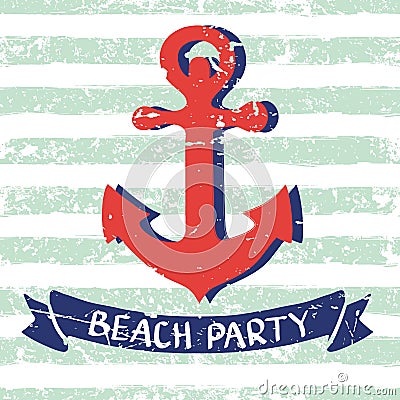 Vector marine background. Red hand drawn anchor, ribbon, letters Vector Illustration