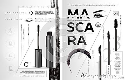 Vector Mascara flyer booklet or brochure template. Brush and mascara tube. Black wand and mascara tube. Fashionable Vector Illustration