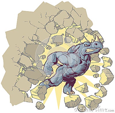 Vector Mascot Cartoon Rhino Crashing through a wall Vector Illustration