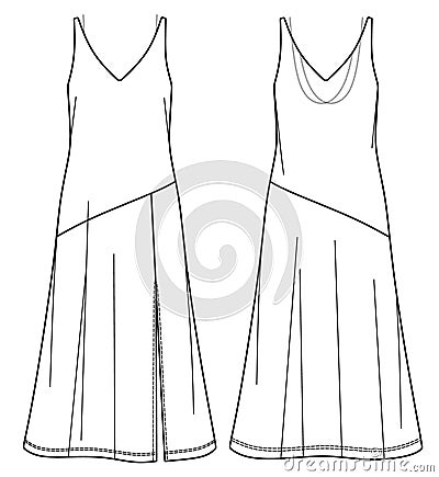 Vector maxi dress with front slit technical drawing Vector Illustration