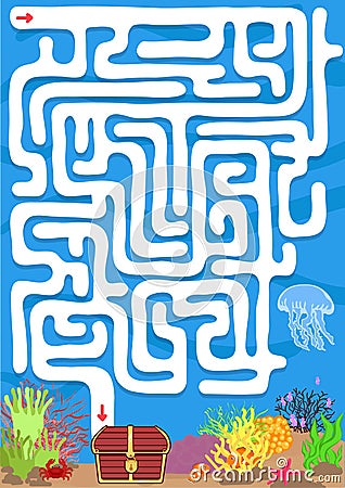 Vector maze game with find treasure underwater Vector Illustration