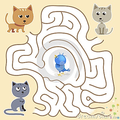 Vector maze game: funny blue bird find the way from the cats trap Vector Illustration