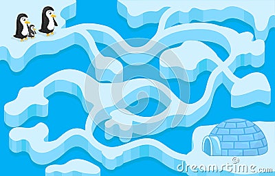 Vector maze game with penguin finding the house Vector Illustration