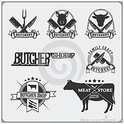Vector meat labels. Butcher`s business logos. Silhouettes of farm animals. Vector Illustration