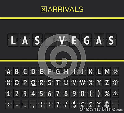 Vector Mechanical airport scoreboard for flights to land of casino Las Vegas. Flight arrivals flip board Vector Illustration
