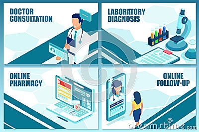 Vector medical templates for doctor consultation, lab testing, online pharmacy and patient follow up Stock Photo