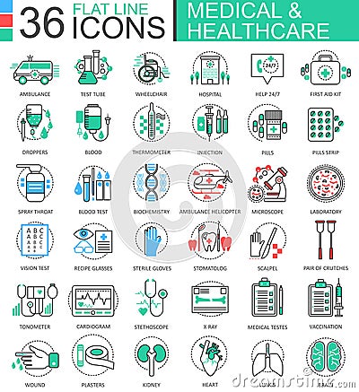 Vector medical healthcare medicine modern color flat line outline icons for apps and web design. Vector Illustration