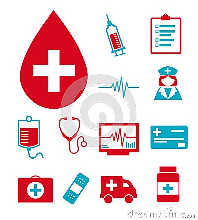 Vector medical icons set for creating infographics related to health and medicine, like blood drop, clipboard, nurse, ambulance Stock Photo