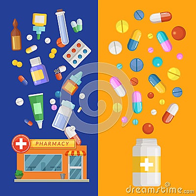 Vector medicines vertical banner templates with medicines and pills spreading out of pharmacy and bottle Vector Illustration