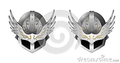 Vector medieval metal winged helmet with patterns on a white background. With and without contours. EPS 10 Cartoon Illustration