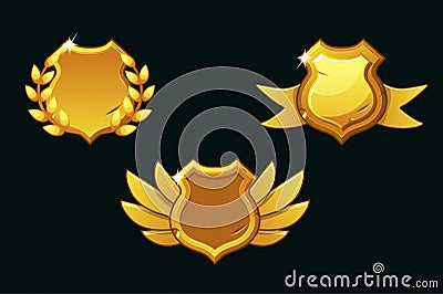 Vector medieval shields in gold color. Empty template shield. Award shield with wings, ribbon and laurel wreath Vector Illustration