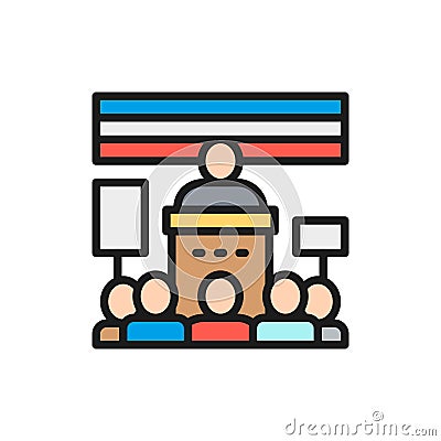 Meeting with a politician, crowd of people with banners, protest color line icon Vector Illustration