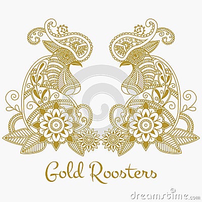 Vector mehendi. Gold roosters. Vector Illustration