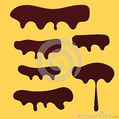 Vector of melted chocolate set isolated yellow background. Cartoon Illustration