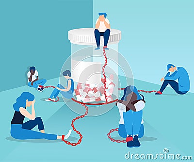 Vector of people opioid addicts chained to the bottle of painkiller pills Stock Photo