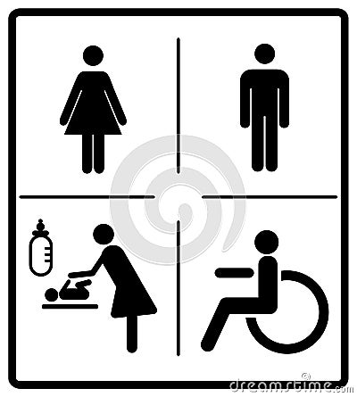 Vector mens and womens disabled restroom signage set - men, boy, women printable restroom, toilette signs Vector Illustration