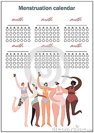 Vector menstruation calendar. Multicultural models women in underwear with plants. Girl power concept. Body positive, feminism. Vector Illustration